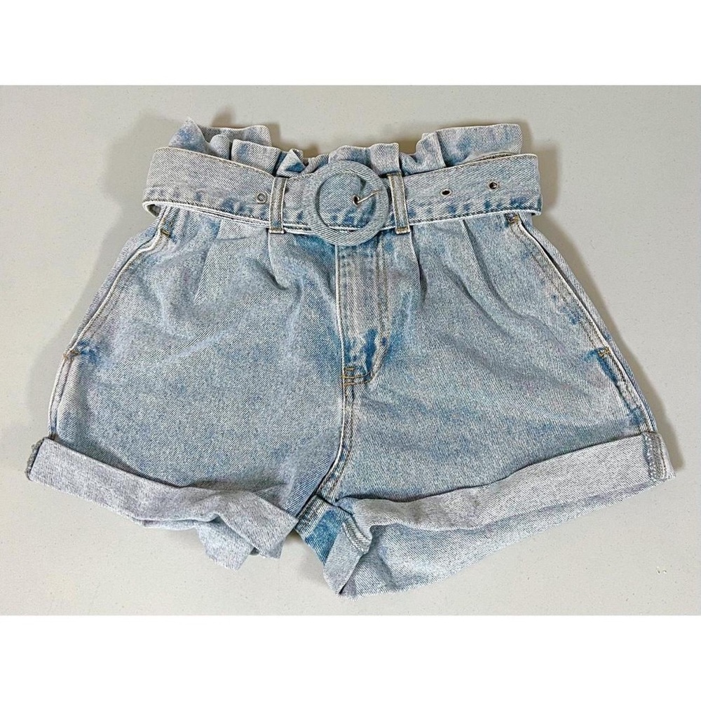 Light Blue Cuffed Belted Denim High-Waisted Paper Bag Jean Shorts Bottoms XS 🤍✨